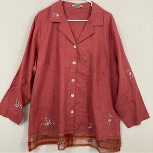 Vintage Edward Woman Pink Red Linen Floral Embroidered Cottage Button Down 3X